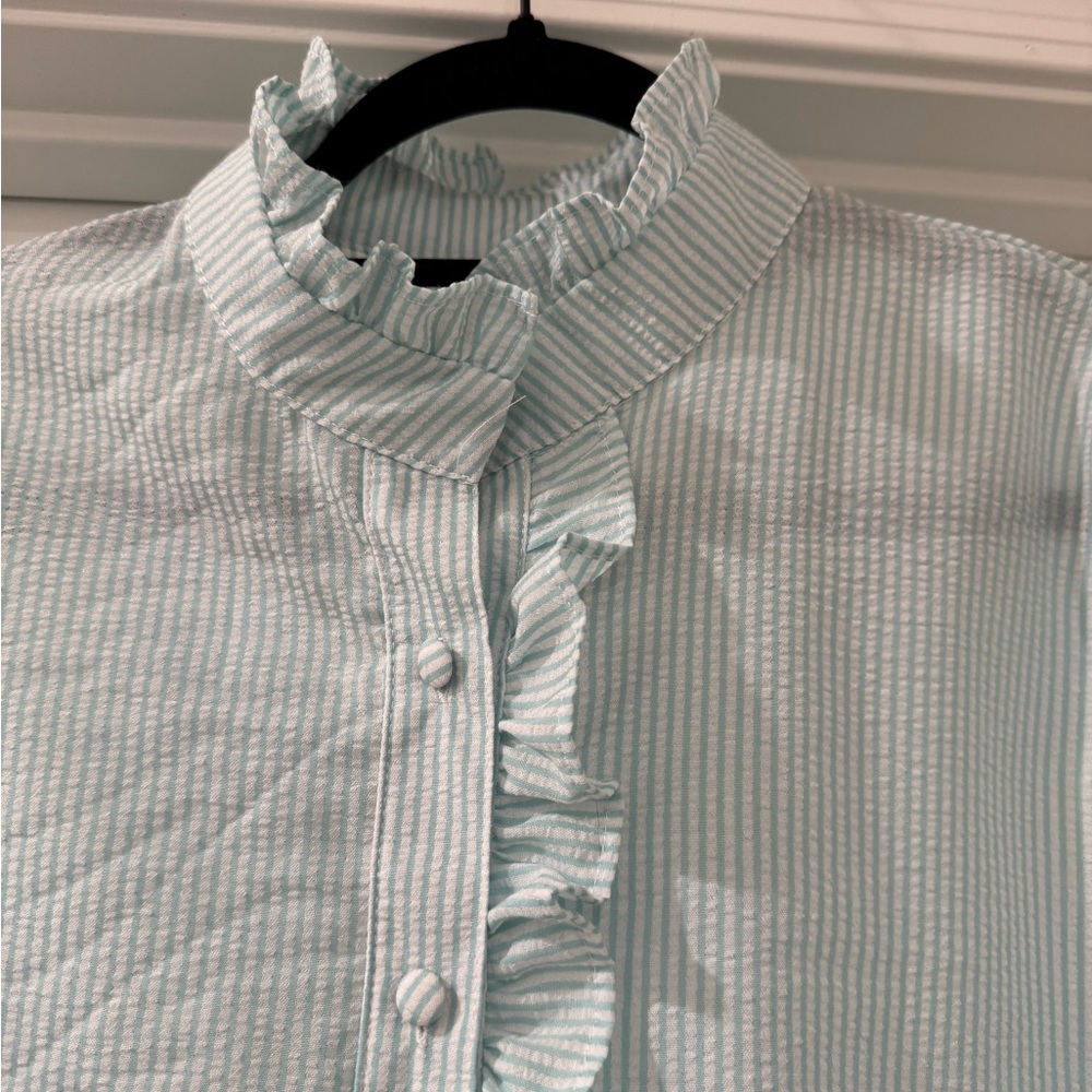 Striped Ruffle Button-Up Blouse - Picture 2 of 6